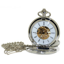 Silver Tone Plain Skeleton Hand Wind Double Hunter Pocket Watch